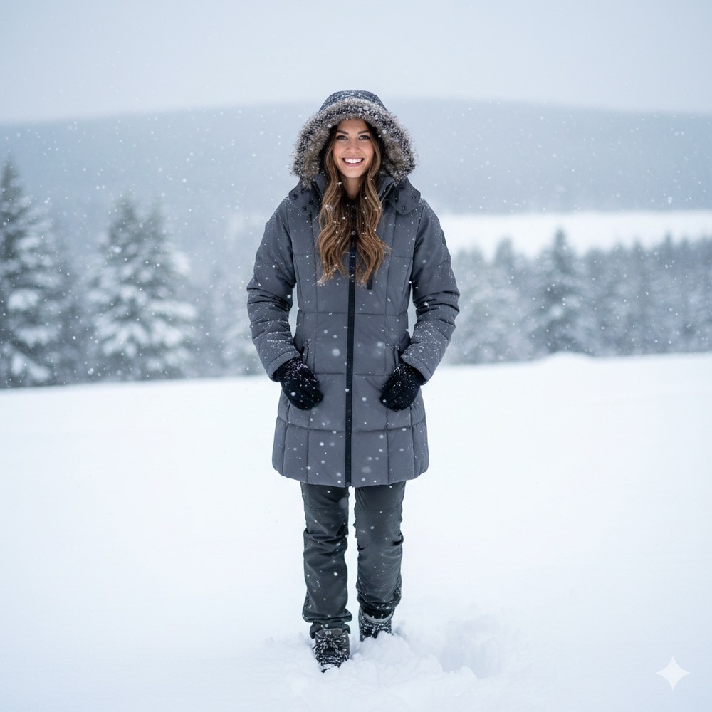 HALITECH Gray Puffer Coat with Faux Fur Hood and Slim Fit